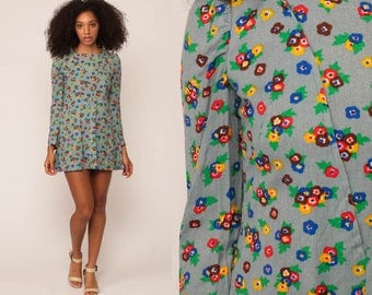 Puff Sleeve Dress Mini Floral Print 60s Mod Bohemian Hippie Shift Dress Vintage Blue 70s Gogo Boho Twiggy Long Sleeve Extra Small xs