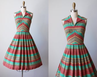 1940s 1950s Dress - Vintage 40s 50s Dress - Terracotta Aqua Southwestern Print Cotton Full Skirt Sundress XS S - Escape to Sedona Dress