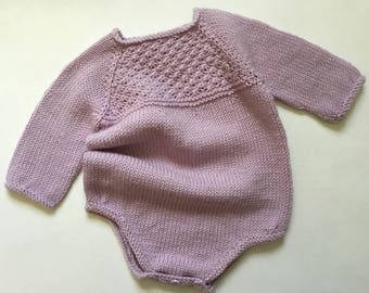 Beautiful hand knit lilac merino soft baby romper onesie