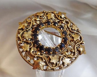 SALE Vintage Art Nouveau Ivy Rhinestone Brooch Pendant. Gold Gilt on Brass Ivy Wreath Pin with Black Rhinestones.