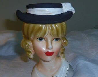 Relpo Teen Lady Head Vase, Black Hat with Grey Dress, Rare Variation, No. K 1837 5.5" tall