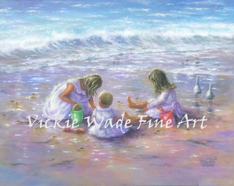 Three Beach Girls Art Print, beach children, three sisters, three blonde girls beach wall decor, Vickie Wade art