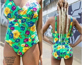 Floral Swimsuit - Festival Swimsuit - Vintage One Piece Swimsuit - Cut Out Swimsuit - Neon Swimsuit - Festival Bodysuit - High Cut Swimsuit