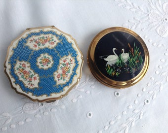 Vintage Compacts, 1950s, Stratton, Mascot, Compact Mirror, Swan Compact, Blue Flower Compact