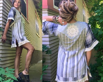 Eco Tunic Dress, size S/M,Upcycled Clothing, boho tunic,hippie dress, festival dress,folk mini dress,babydoll tunic,linen mini dress, zasra