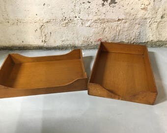 Vintage Wooden File Tray Pair Office