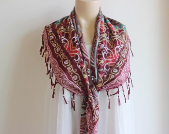Burgundy Scarf with Tassels and Pearls-Tile Pattern Scarf-Ottoman Print Scarf-Turkish Anatolian Scarf-Burgundy Square Scarf
