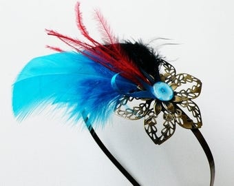 Serre-tête métallique "an air of feathers" blue, black, red, accessory, hair jewelry hair, feathers