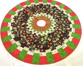 Modern Christmas Tree Skirt Quilted Handmade Patchwork Bright Calico Decor Ready to Ship Heirloom Wedding Gift Holiday Red Green Quilt