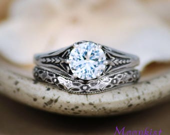 white sapphire wedding ring set sterling silver filigree engagement ring set vintage style bridal - White Sapphire Wedding Ring Sets white sapphire wedding ring set sterling silver filigree engagement ring set vintage style bridal - White Sapphire Wedding Ring Sets