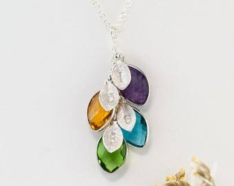 Silver Personalized Birthstone Necklace, Custom Initial Leaf Necklace, Family Necklace, Nana Jewelry, Gift for Mom, Cascade Necklace, Unique