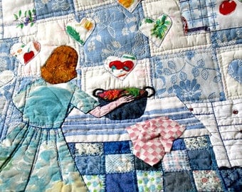 Woman cooking in blue kitchen contemporary textile art with vintage feel