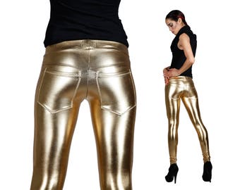 Gold Metallic Jeans-Back Leggings, Metallic Spandex Pants, Gold Meggings, Stage Outfit, Glam Rock Clothing, Coachella Style, by LENA QUIST