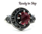 Ready to Ship - Size 6 - 8 Garnet Blood Moon Ring - Sterling Silver Jewelry with Black Diamonds