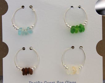 Sea Glass Wine Glass Charms with Silver Beads