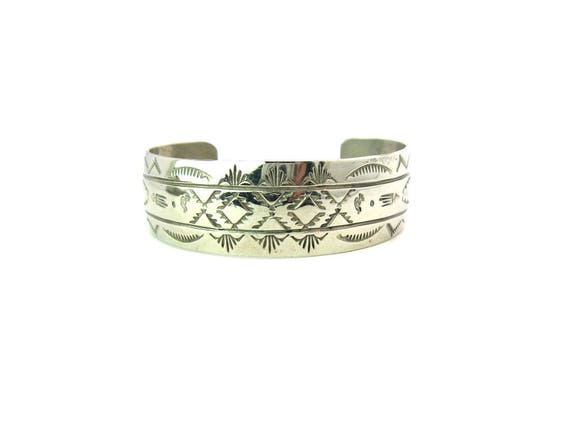 Navajo Bracelet. Hand Stamped Cuff. Sterling Silver Sun, Cloud, Flaming Arrow. Kokopelli Signed FT. Vintage Native American Jewelry. Unisex.