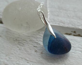 Blue End Of Day Sea Glass Sterling Silver Necklace