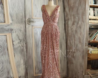 2017 Rose Gold Bridesmaid Dress Sequin, Long Gold Wedding Dress, Metallic Sparkle Evening Dress, V neck back Luxury full Length (TQ150C)