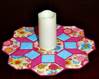 Octagon Table Topper or Candle Mat - Pink Floral and Butterfly Octagon Table Topper or Candle Mat