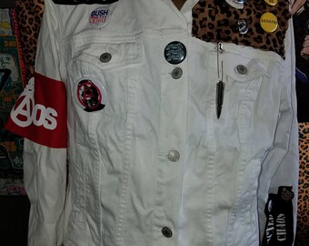 ladies XL white denim jacket leopard patches blitz ultra-violent patch pins seditionaries armband