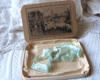 Antique baptism keepsake box signed French bapteme box w paper, ribbon bow Victorian baptism box for guests dragee gifts, shop from Toulouse