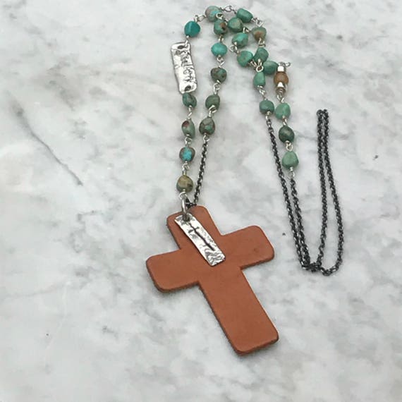 Turquoise Southwestern Sundance Style Leather Cross - Oxidized Heavy Cable Chain - Artisan Hand Forged Raw Silver Necklace