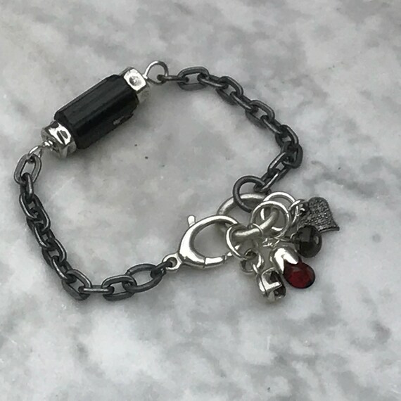 Rustic Raw Black Tourmaline - Pave Diamond Heart Charm - Garnets - Smokey Topaz - Heavy Oxidized Sterling Chain - Urban Decay style