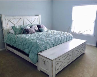 Handmade wood bed frame with storage footboard