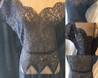 Classic vintage navy blue toile lace cocktail dress small xsmall 1940 red carpet pin up girl
