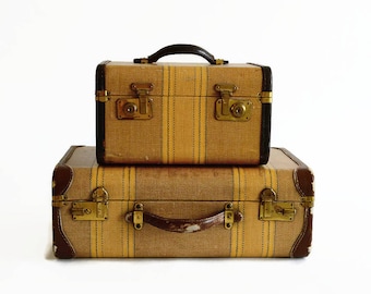 vintage striped suitcase stack train case 1930s 1940s brown luggage prop