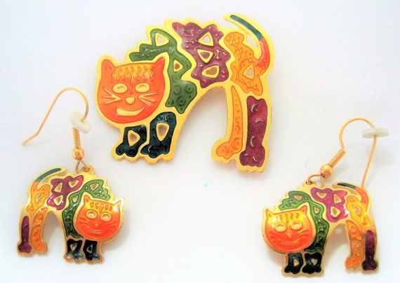 Cat Brooch Earrings - Kitty Orange Enamel - Pierced Dangle