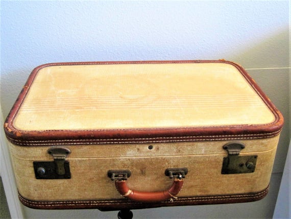 Mid Century Tan Striped Suitcase - Tweed Luggage Display - Travel Storage