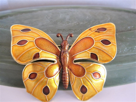 Gold Butterfly Brooch - Enamel Colorful - Made in West Germany - Statement Pin