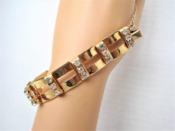 Rhinestone Link Bracelet - Gold Tone Rectangular Panels - Vintage Modernistic Design