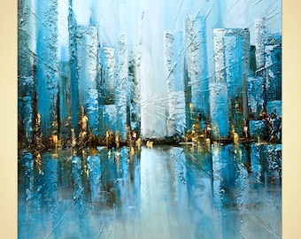Textured Painting on canvas Teal Blue City Painting Palette Knife textured by Osnat Tzadok ready to ship 48" x 48"