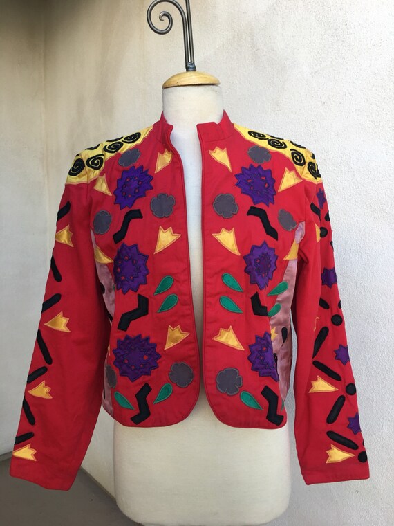 Vintage art to wear red cotton jacket applique decor by