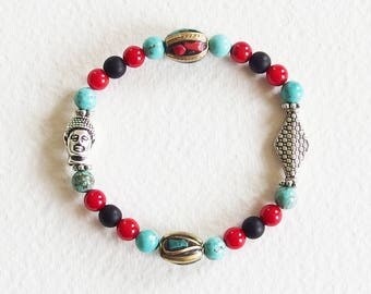 Bracelet Ethnique Yoga Zen - Esprit Tibet - Pierres de Gemme Turquoise, Corail, Onyx, Perles Cloisonnées - Bijou créateur, pièce unique