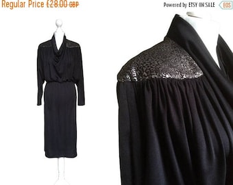 On Sale 80's Dress - 1980's Vintage Dress - Black And Silver Metallic Stretch Dress - Batwing Sleeves - Cowl Neck Dress