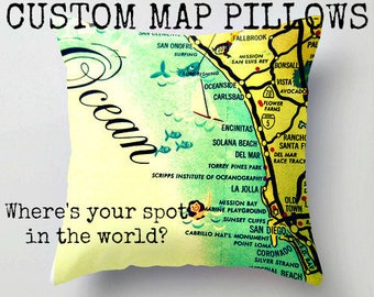 Travel Trailer Pillow, Custom Map Pillow, Custom RV Accent Pillow, Map Art Decor, Map Gift, Travel Trailer decor, Vintage Map Print Art