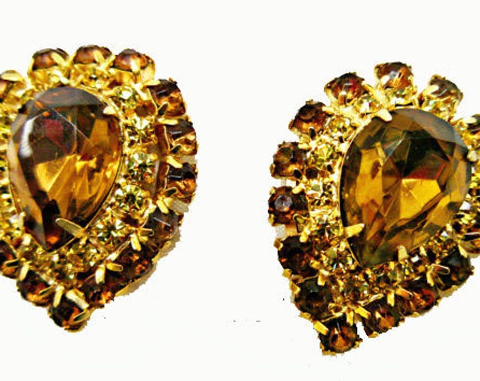 Brown yellow Rhinstone Earrings - Pear shape topaz crystal - gold - clip on earrings