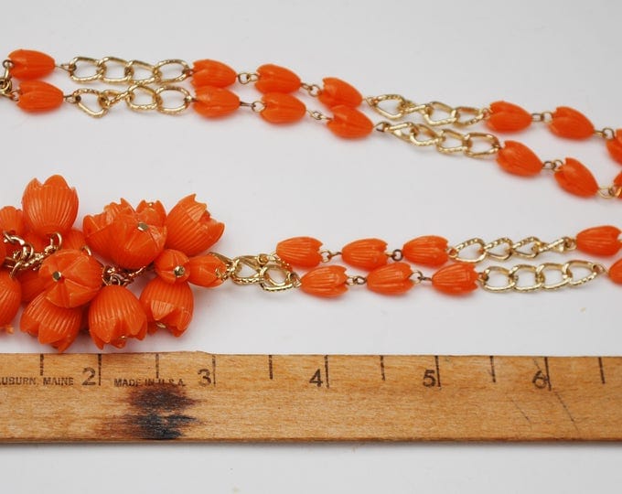 Orange Orange Bead Necklace - grape cluster tassel - gold chain - Signed Hong Kong - Lucite plastic