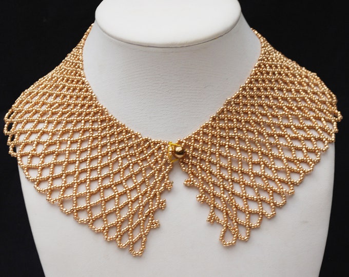 Baar and Beard Collar - Woven bead Necklace - Gold beads - mid century - handmade Italy