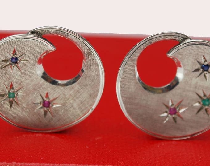 Sterling earrings -Silver swirl Rhinestone stars - clip on earring