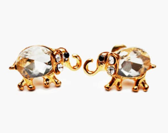 Elephant Stud Earrings - Clear crystal Rhinestone - Gold figurine pierced earrings