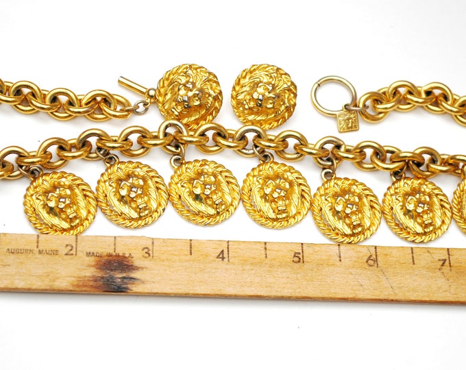 Anne Klein Lion necklace Earring - Chunky Gold - Dangle lion Coins - Pierced stud earrings - Jewelry Set
