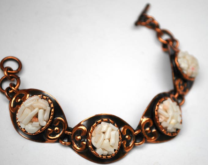 Copper White Coral Link Bracelet - White coral shell chips - copper oval panel link bange