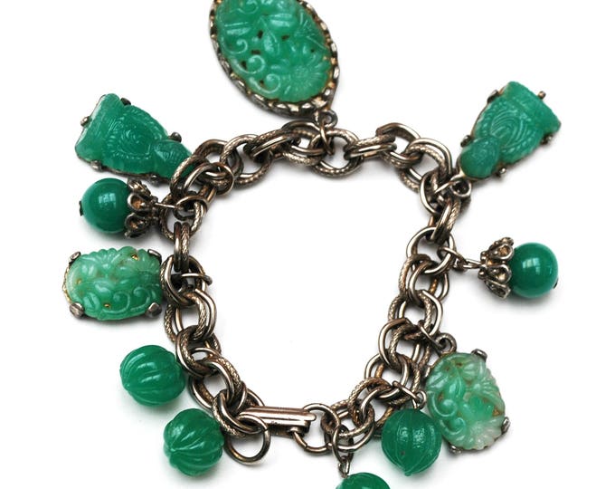 Green Glass Charm Bracelet - Asian Buddha - Peking molded Glass - Silver chain - Cha cha Dangle bangle