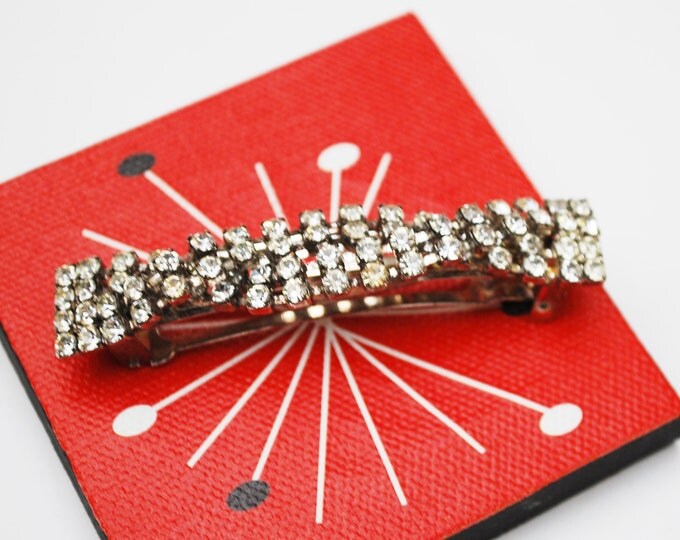 Rhinestone Barrette Hair clip - Signed Made in France - Clear crystal silver