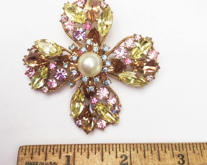 Crown Trifari Rhinestone Brooch - Maltese Cross- White Pearl - Yellow pink blue chamagne crystals - gold - floral pin