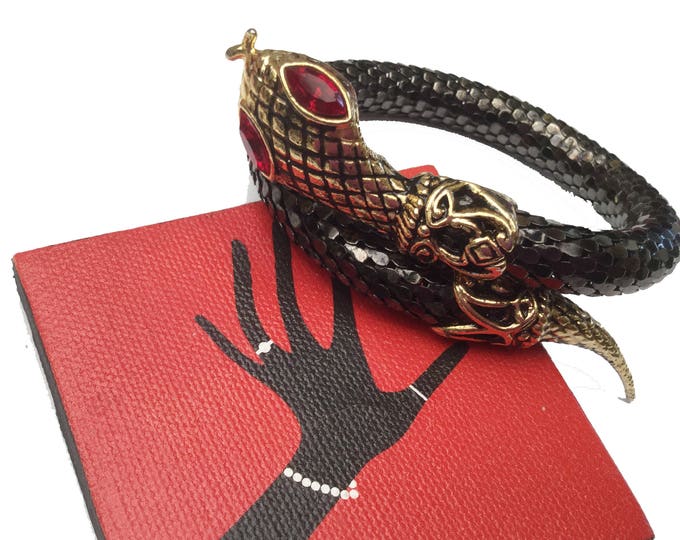 Snake Bracelet - Black mesh - Gold serpent head- Red rhinestone eyes - wrap bangle